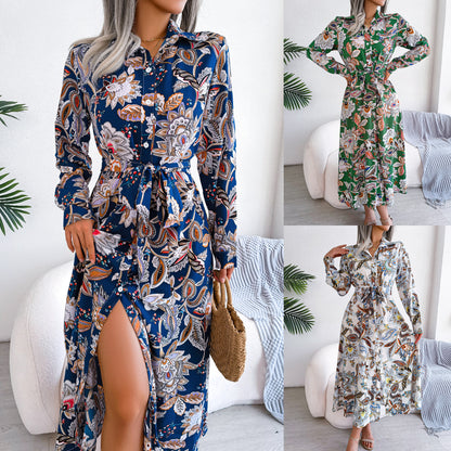 2026 Spring/Summer European and American Retro Floral Lapel Tie Shirt Dress Long Dress Amazon Cross-Border Women's Clothing