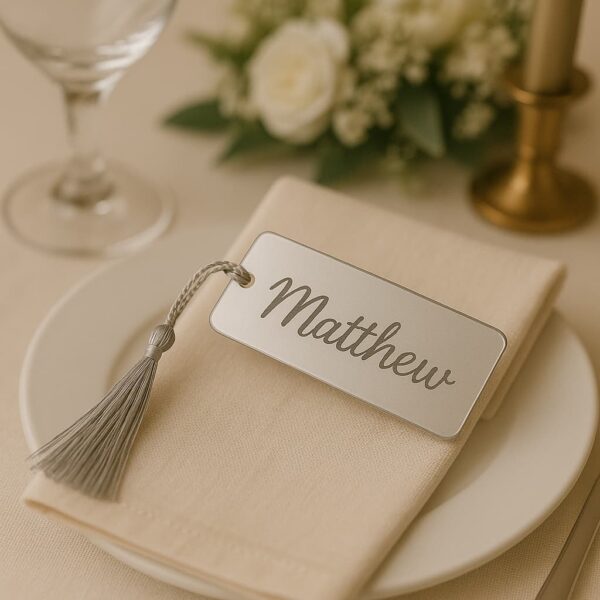 Stylish silver mirror acrylic name tag – custom wedding place card