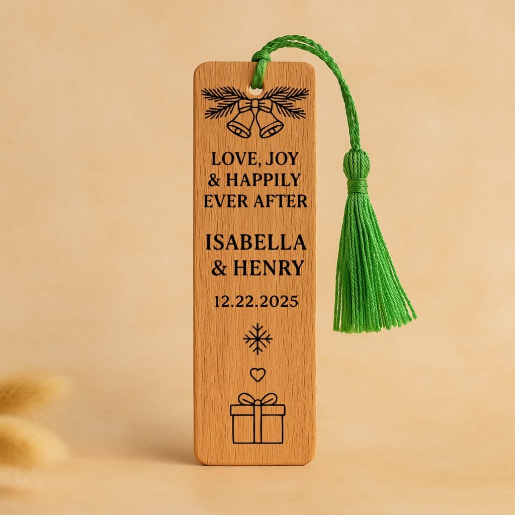 Eco friendly wooden wedding favor bookmark personalized with names