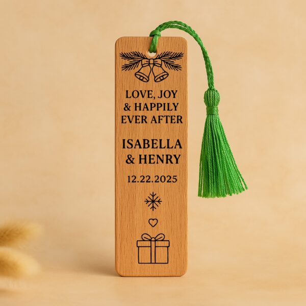 Eco friendly wooden wedding favor bookmark personalized with names
