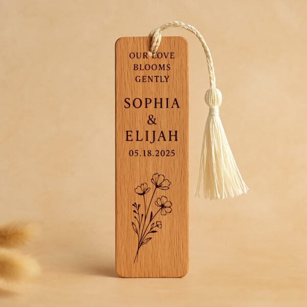 Personalized wooden bookmark favor with tassel - rustic wedding gift