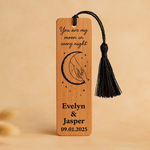 Rustic wooden wedding favor bookmark with personalized text