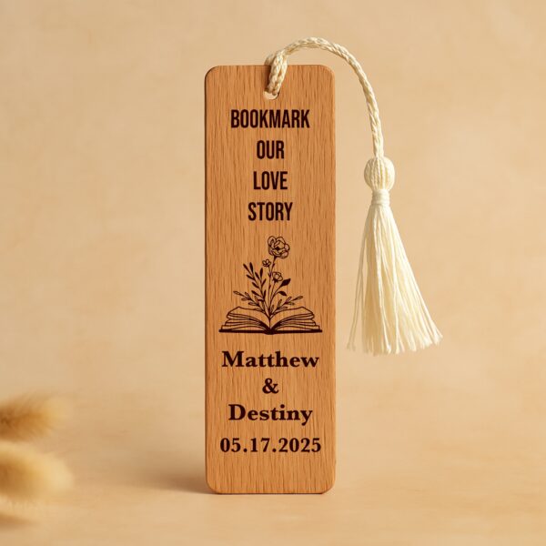 Rustic wedding favor idea - engraved wooden bookmark with tassel
