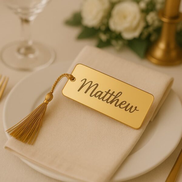 Elegant gold mirror acrylic name tag with custom engraving