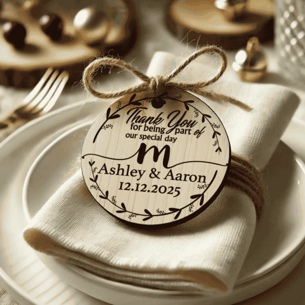 Personalized rustic wooden wedding favor magnet – custom engraved eco gift