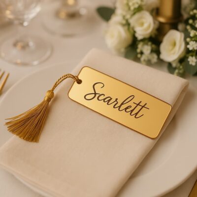 Personalized mirror acrylic name tag in gold finish – wedding favor