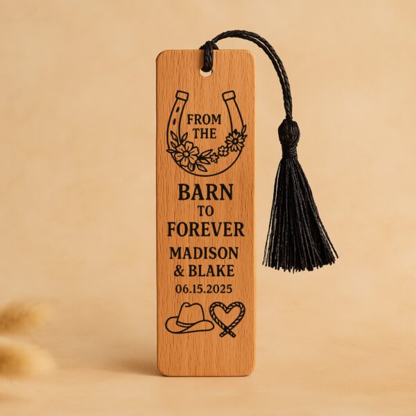 Custom engraved wedding bookmark favor with natural wood finish