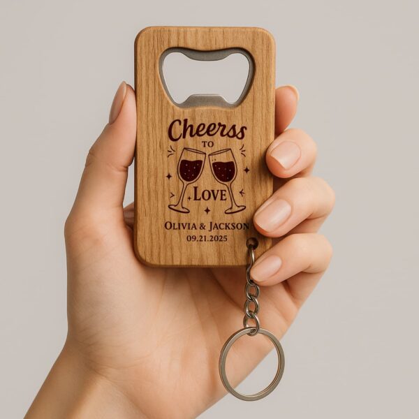 Wenge wood opener favor with initials and wedding date engraving
