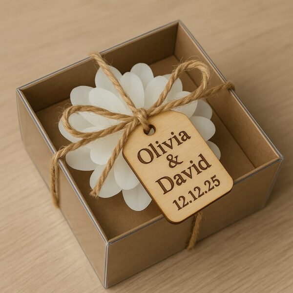 Elegant guest favor with engraved wood name tag