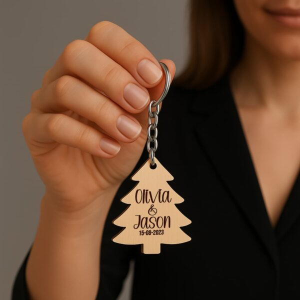 Personalized wooden keychain engraved with guest name