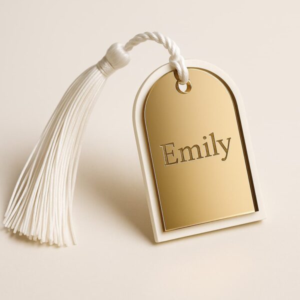 Close-up of custom name favor with engraved lettering