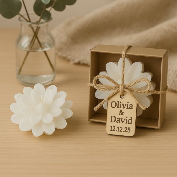 Top view of the engraved tag with Olivia & David date