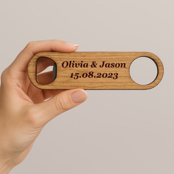 Set of personalized wooden bottle openers in assorted wood colors