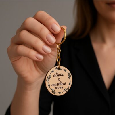 Personalized wooden keychain engraved with guest name