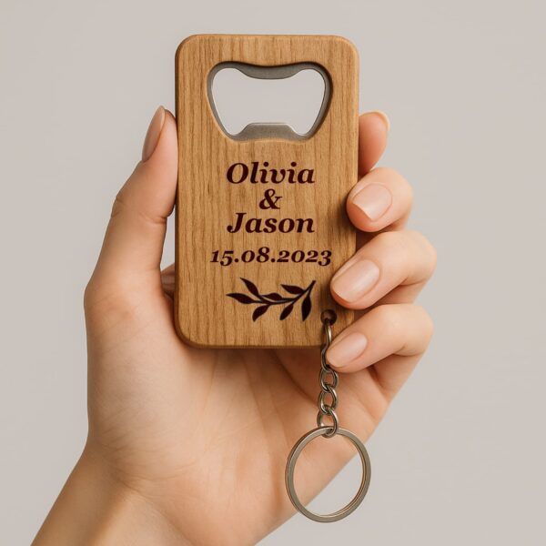 Custom engraved bottle opener keychain in dark walnut finish