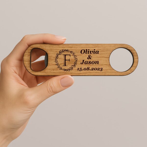 Laser-engraved wooden bottle opener with custom logo design